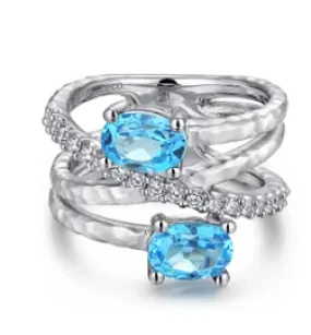 925 Sterling Silver Multi Row Blue Topaz and White Sapphire Twisted Ring