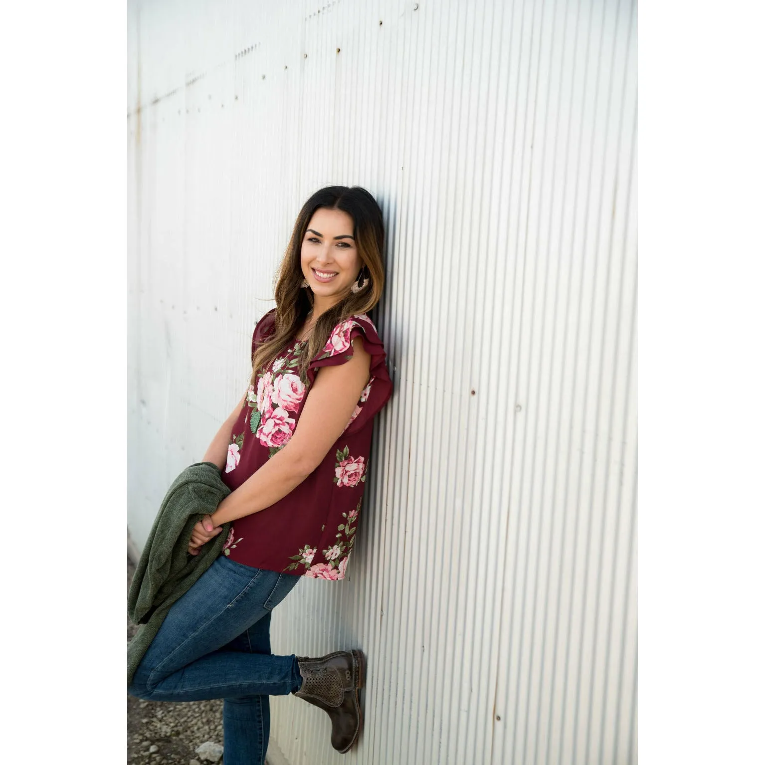 Burgundy Floral Flutter Blouse