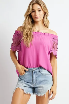 Davi & Dani Crochet Lace Sleeveless Accent Off Shoulder Top