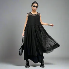 Elegant Black Chiffon Overlay Dress with Asymmetrical Hem and Sheer Mesh Design