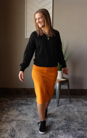 Mustard Stretch Midi Denim Skirt