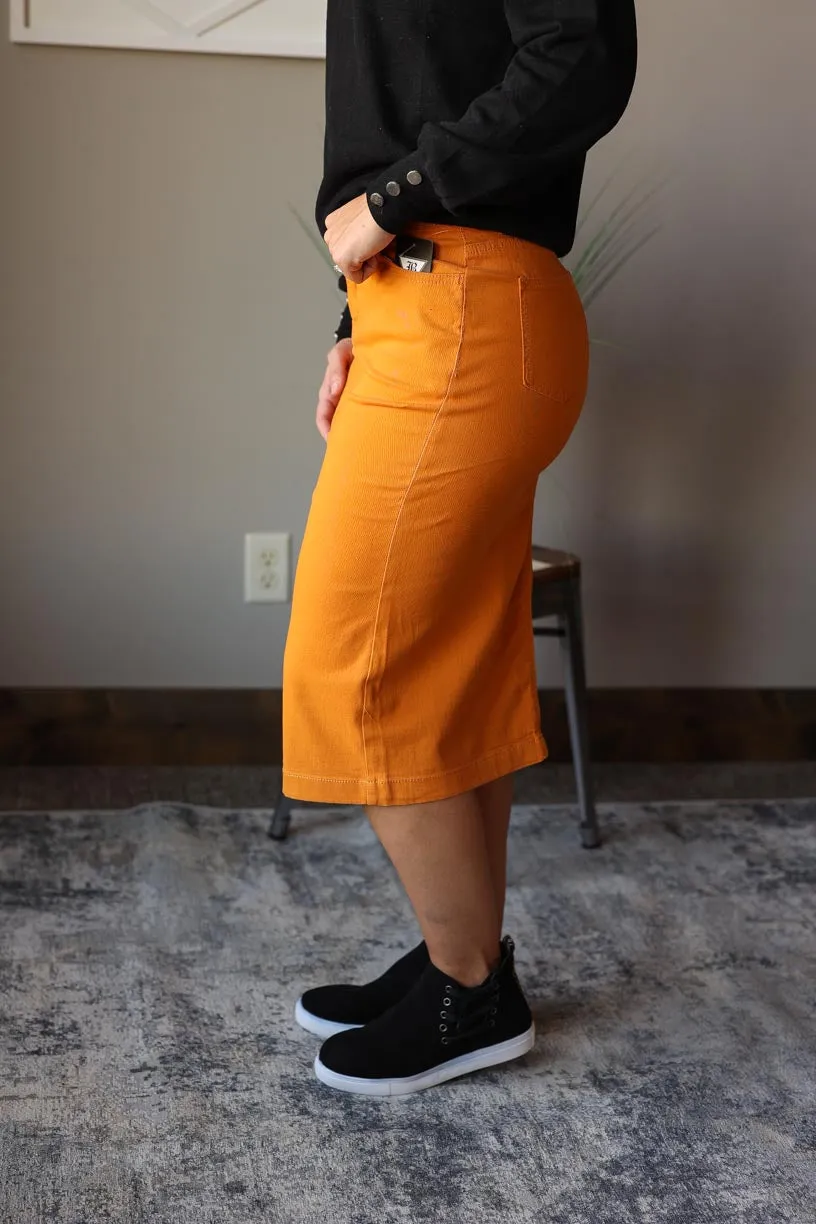 Mustard Stretch Midi Denim Skirt